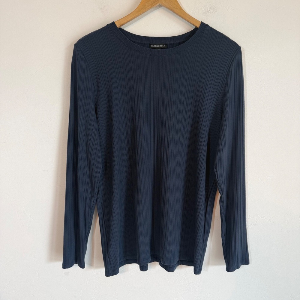 Eileen Fisher Ribbed Tencel Long Sleeve Top Navy Relaxed Quiet Luxury Minimal XL